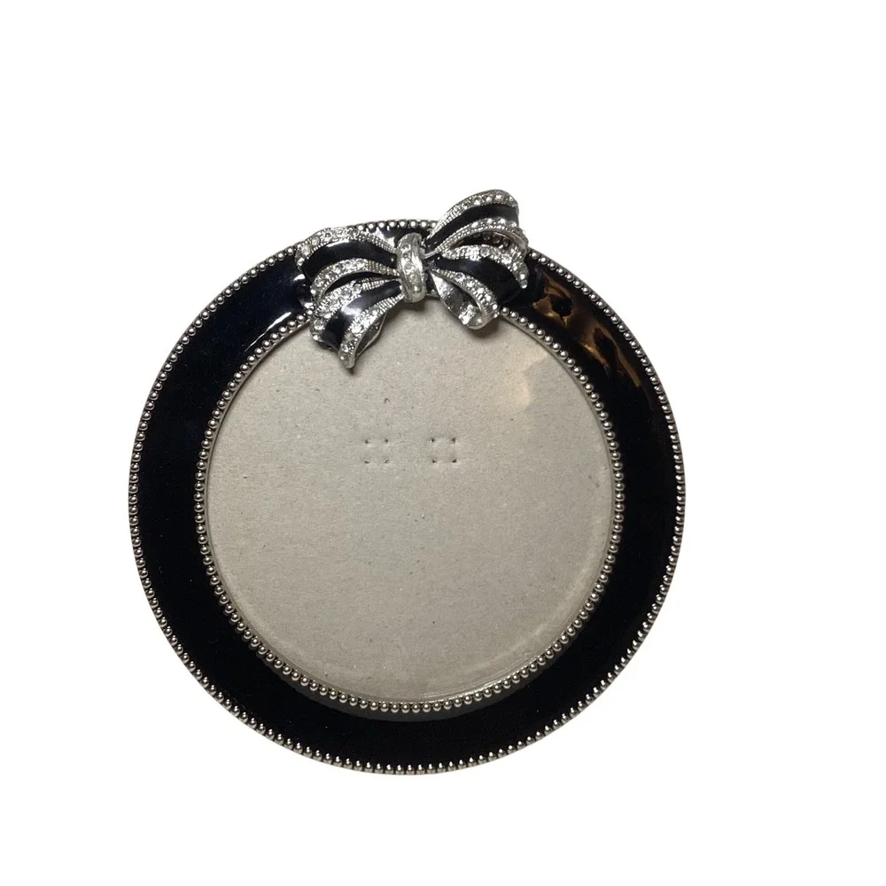 Round Black Enamel Picture Frame with Rhinestone Bow Accent Silver Beaded Trim